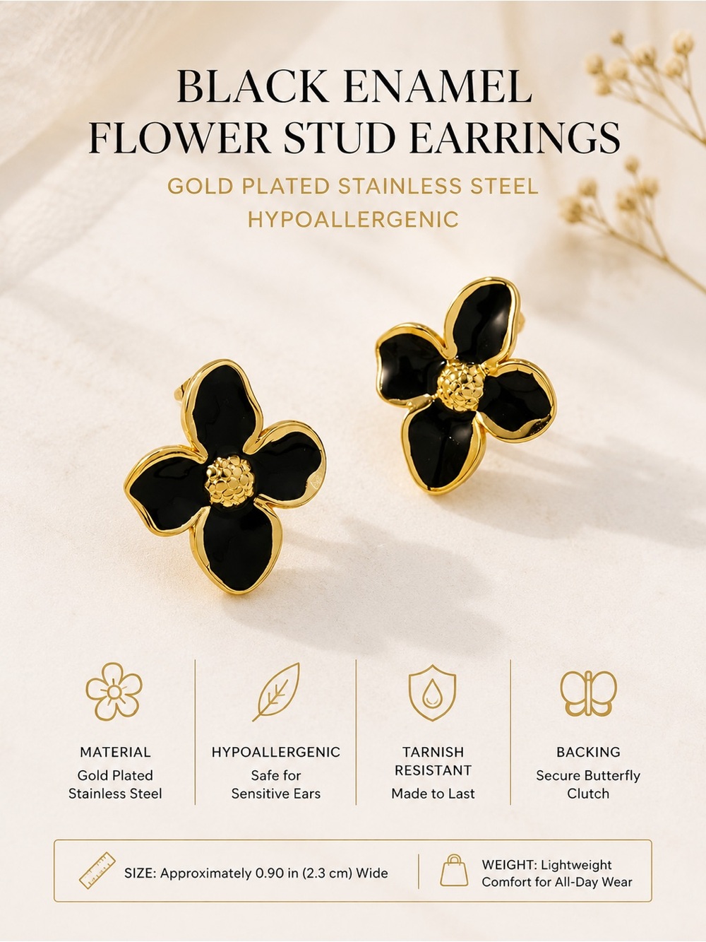 Black Enamel Flower Stud Earrings on Hypoallergenic Gold Plated Stainless Steel - Picture 1 of 3